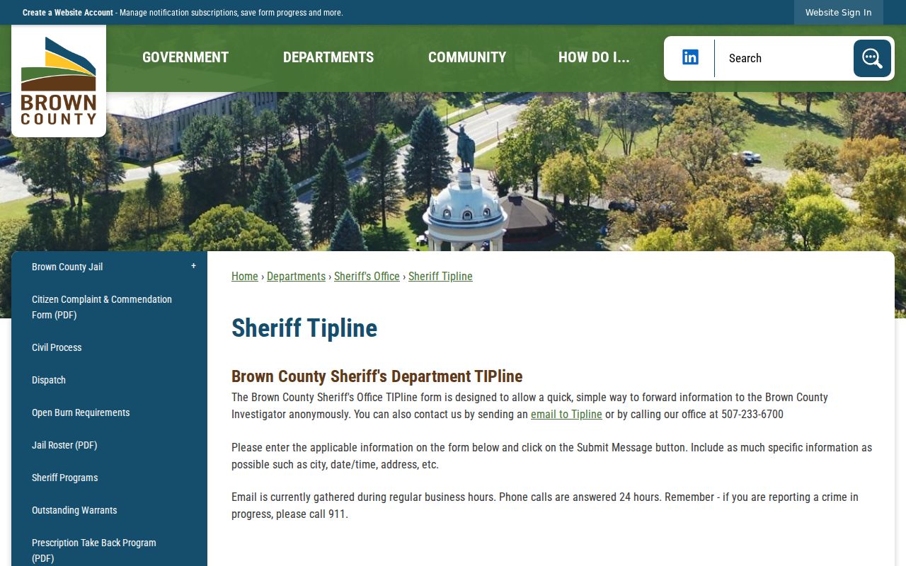 Brown County anonymous sheriff tipline form and safety banner used for warrant tips