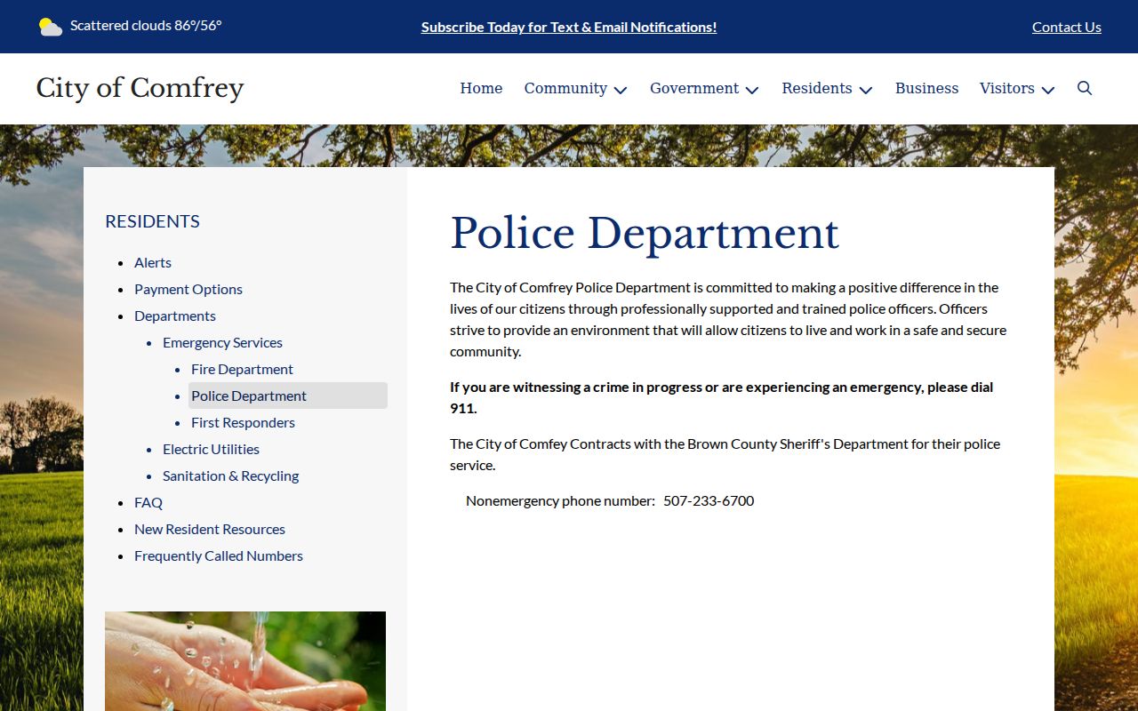 Comfrey city page describing Brown County sheriff contract police service for Comfrey warrant records
