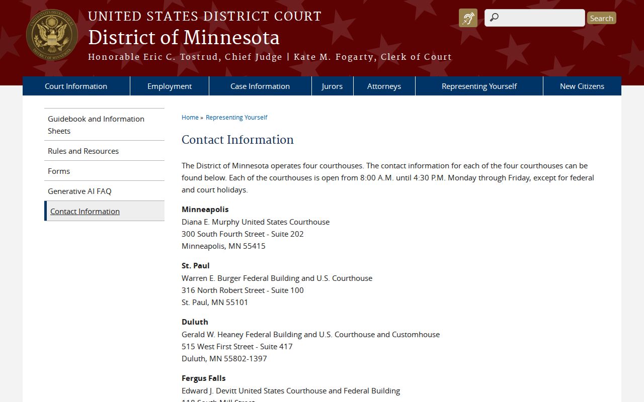 District of Minnesota federal court locations relevant to Brown County arrest warrant records