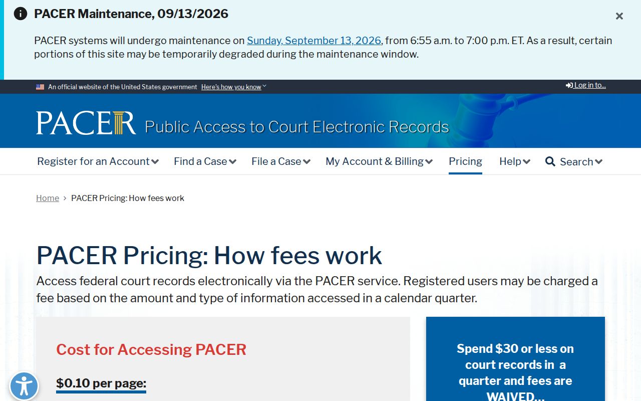 PACER federal case record pricing page used for Brown County federal arrest warrant research