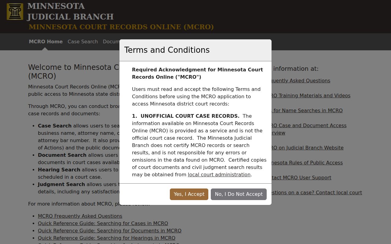 Minnesota Court Records Online public search interface used for Brown County warrant records